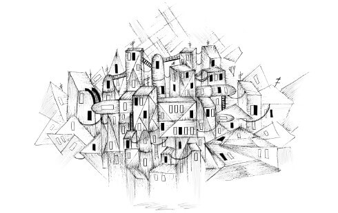 Ilustración de un edificio complicado construido a partir de piezas modulares