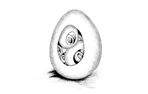Ilustración que muestra un huevo con agujeros, mostrando huevos más pequeños dentro, que a su vez tienen huevos aún más pequeños dentro de ellos, y así sucesivamente