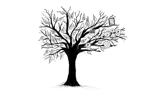 Ilustración que muestra un árbol con letras, imágenes y engranajes colgando de sus ramas