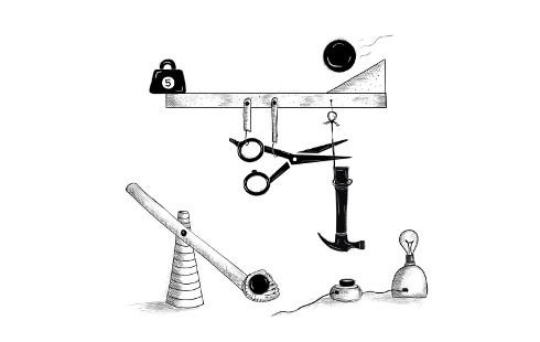 Ilustración que muestra una máquina de Rube Goldberg que involucra una pelota, una balanza, un par de tijeras y un martillo, los cuales se afectan en una reacción en cadena que enciende una bombilla.