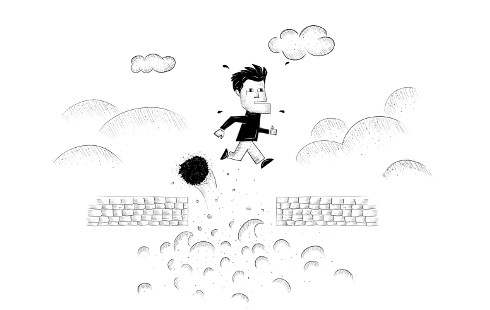 Ilustración que muestra un personaje de un juego de computadora saltando sobre lava en un mundo bidimensional