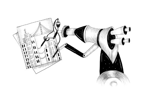 Ilustración que muestra un brazo robótico con aspecto industrial dibujando una ciudad en un trozo de papel