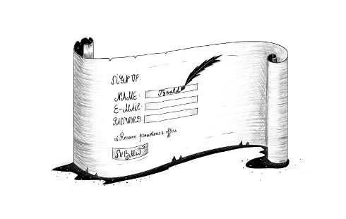 Ilustración mostrando un formulario de registro en la web en un pergamino