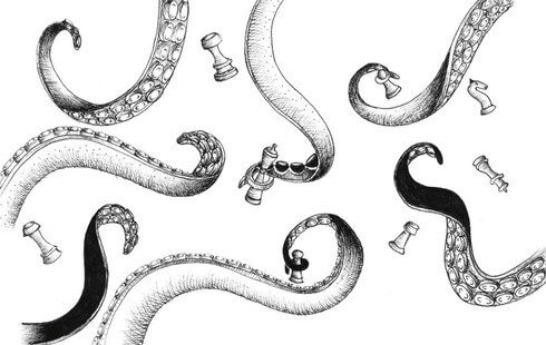 Ilustración que muestra varios tentáculos sujetando piezas de ajedrez