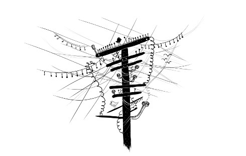 Ilustración que muestra un poste telefónico con un enredo de cables en todas direcciones