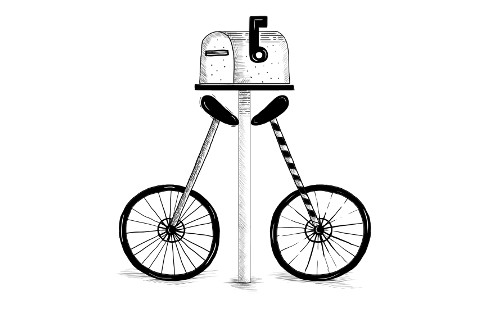 Ilustración que muestra dos monociclos apoyados en un buzón