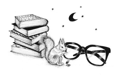 Ilustración de una ardilla junto a un montón de libros y un par de gafas. Se pueden ver la luna y las estrellas en el fondo.