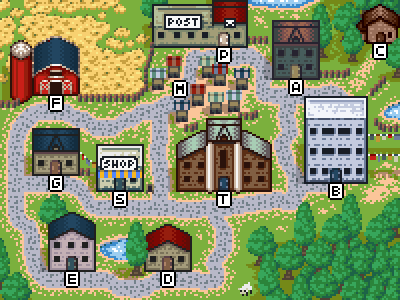 Ilustración de arte pixelado de un pequeño pueblo con 11 ubicaciones, etiquetadas con letras, y carreteras entre ellas